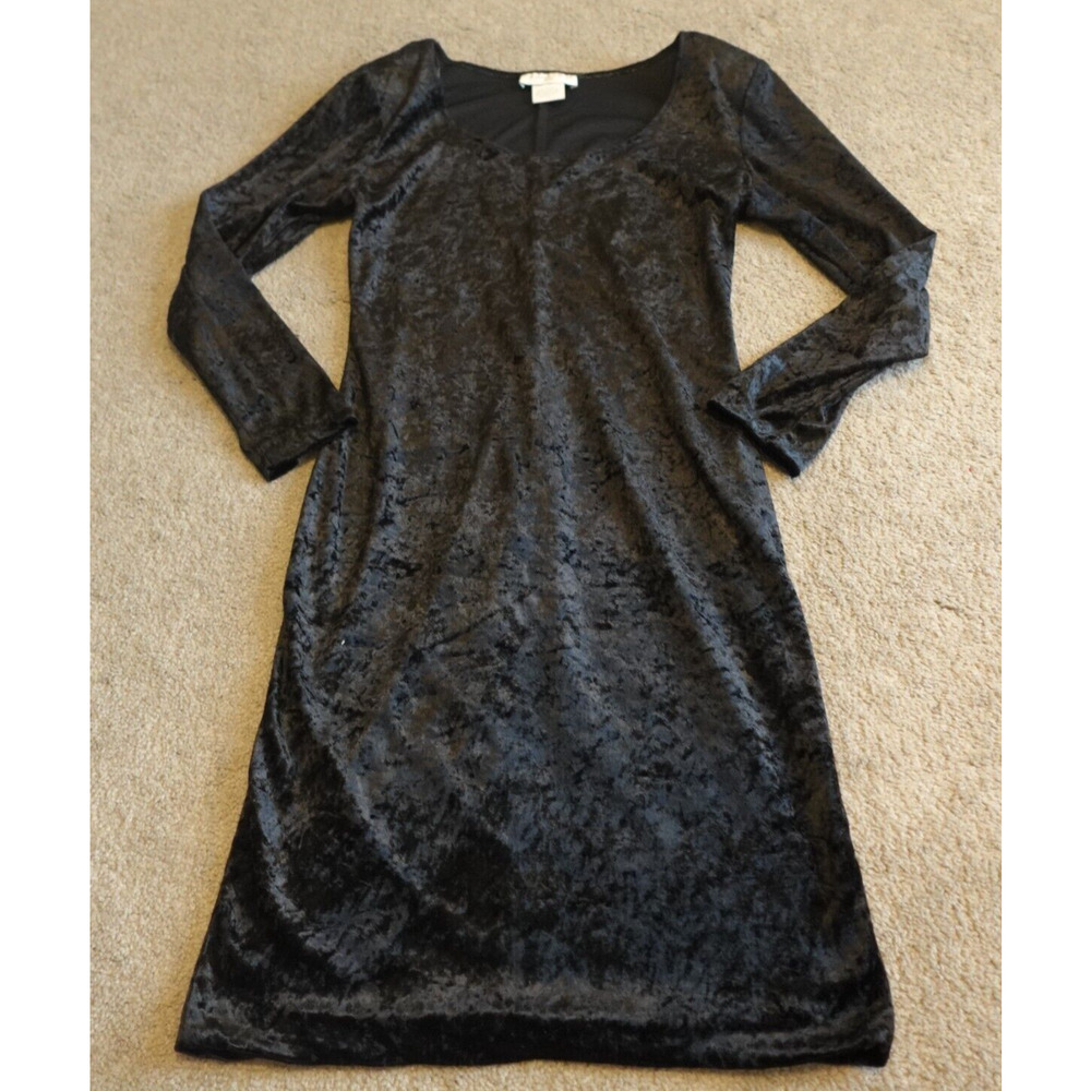 Casual Corner & Co. Vintage Black Crushed Velvet Long Sleeve Dress 10 Round Neck